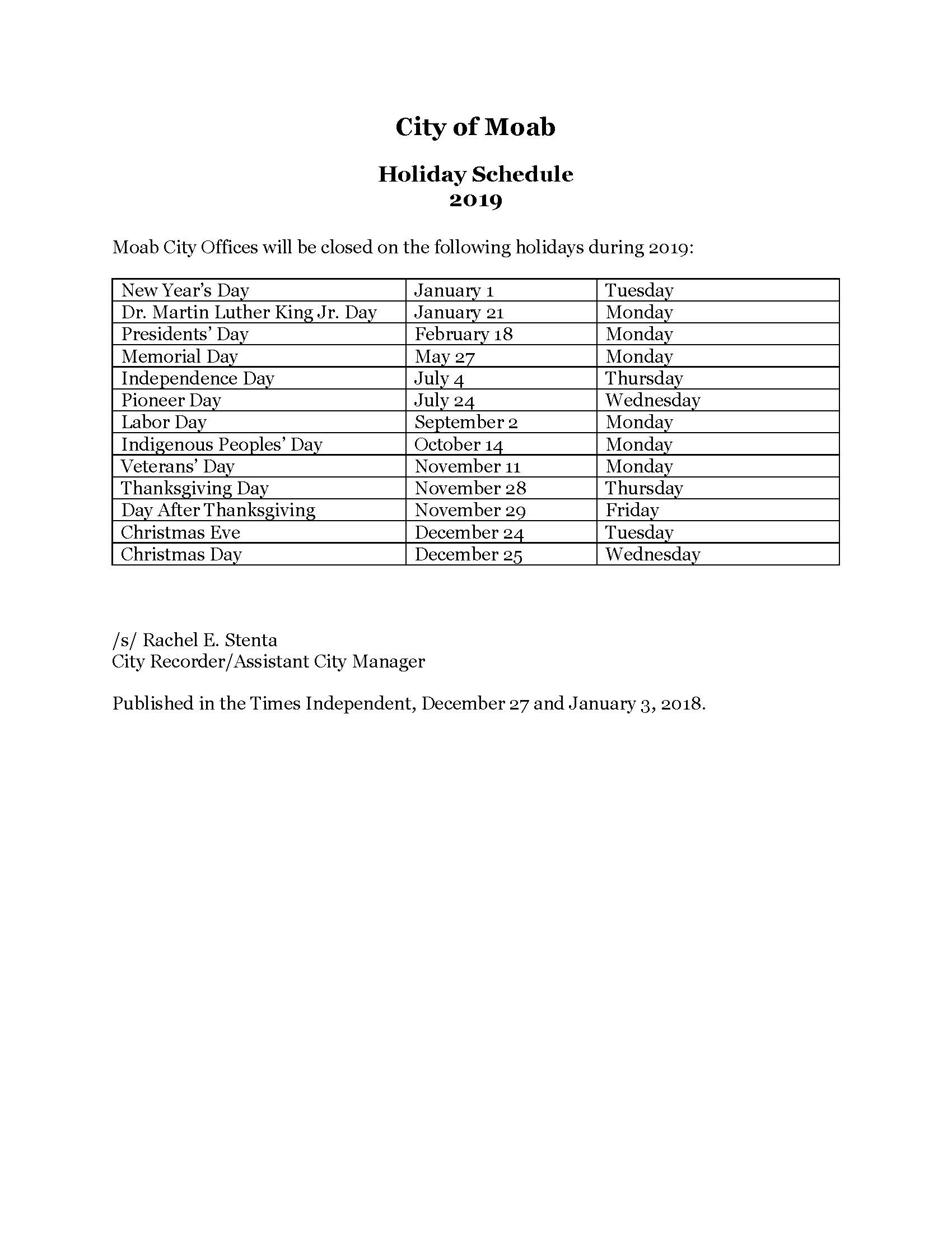 2019 Holiday Schedule