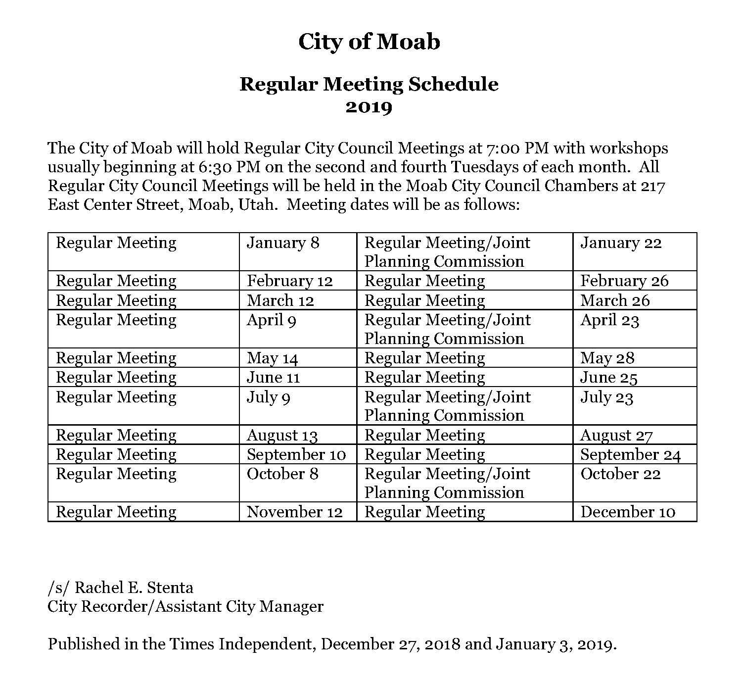 2019 Council Schedule