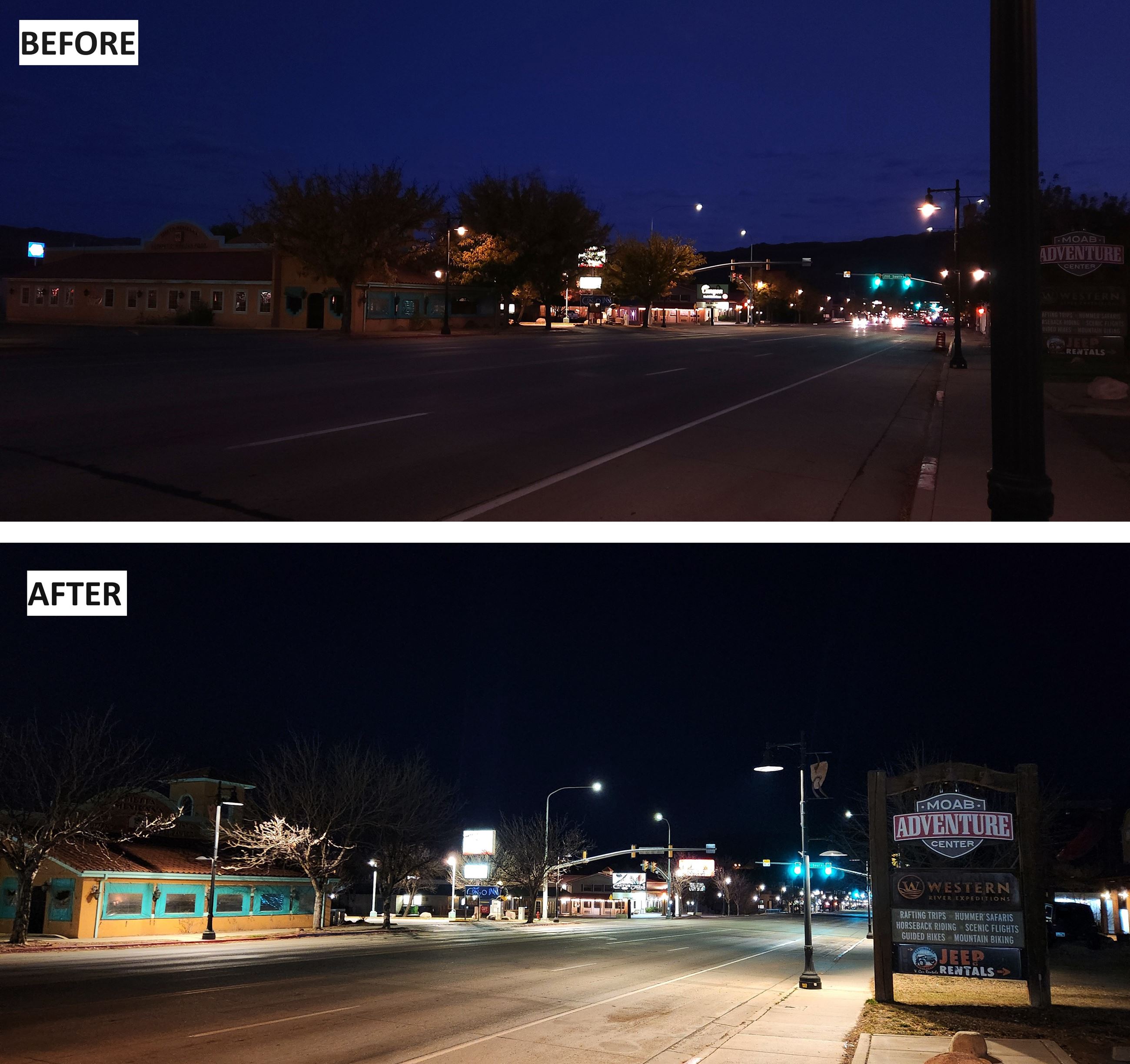 Decorative lights on Main Street before and after dark sky conversion, looking north